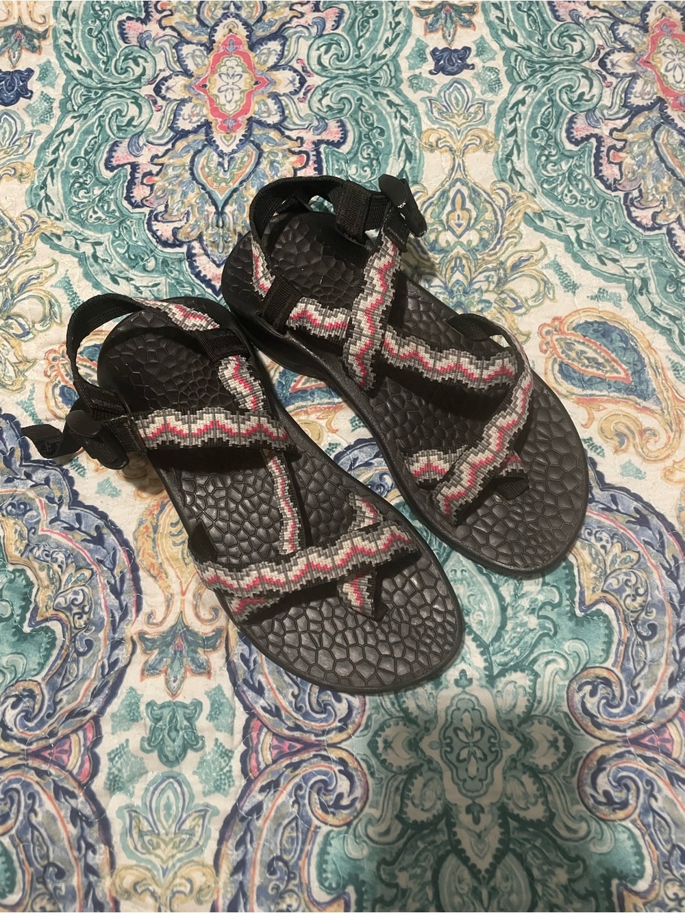 Chaco Black Sandals with Pink and Gray Woven Straps